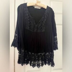 Solitaire Boho Lace-Trim Black Women's Tunic Top